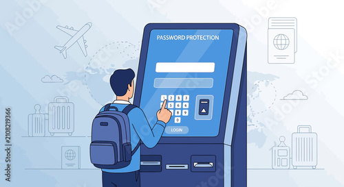 Traveler uses kiosk for password protection and login at airport, digital security concept