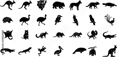 Fotografie Australian Wildlife Animal Silhouette Collection with Birds Reptiles and Mammals