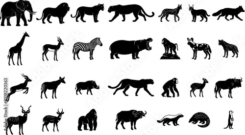 Photography Black silhouette collection of wild African safari animals
