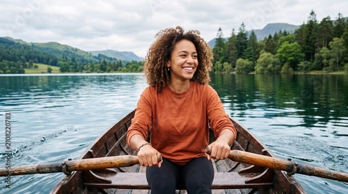 Smiling woman rowing a wooden boat on a serene lake surrounded by lush green hills and mountains under a cloudy sky