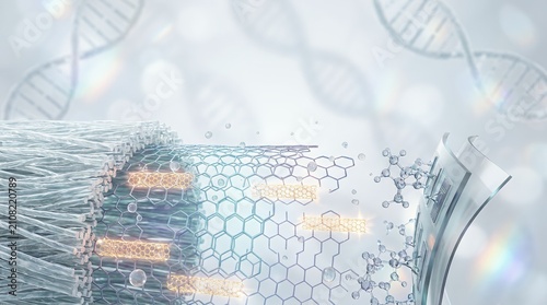 Abstract scientific background showing carbon nanotubes and molecular structures with DNA helix.