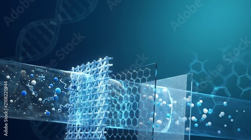 Abstract scientific illustration showing advanced filtration process with microscopic particles and molecular structure.