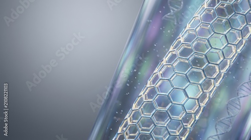Abstract medical background featuring a 3D rendered stent structure with hexagonal patterns and DNA strands.