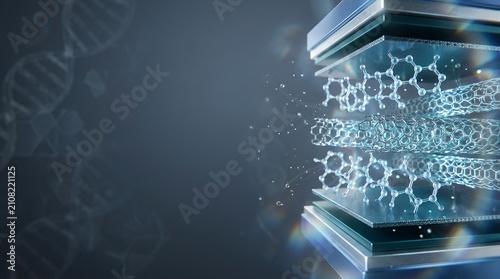 Abstract scientific illustration of carbon nanotubes and molecular structures for nanotechnology research.