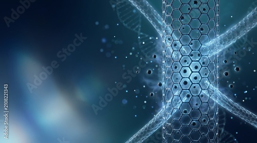 Abstract scientific background featuring nanotechnology structures and molecular DNA strands in a blue glowing environment.