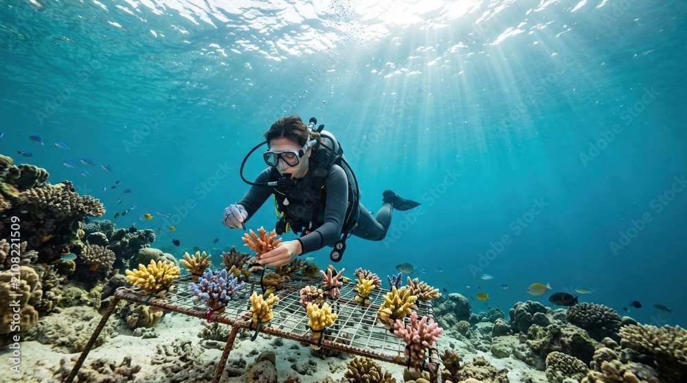 Obraz premium Scuba diver restoring coral reef underwater