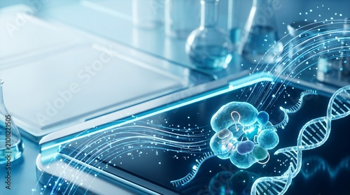 Digital tablet displaying a holographic DNA strand and molecular structure in a modern scientific laboratory.