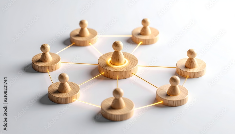 Obraz premium Wooden figures connected around a glowing central leader on a clean white background, symbolizing teamwork, leadership, collaboration, communication, and business networking.