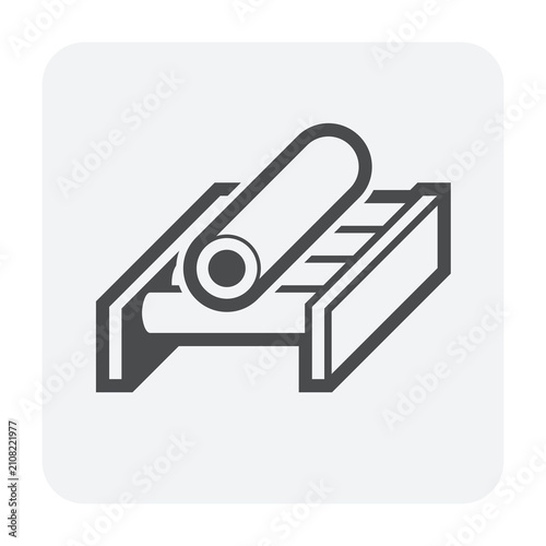 Steel round pipe on conveyor belt representing metal manufacturing, steel production, industrial automation, metallurgy process, seamless tube fabrication, material handling and production line.