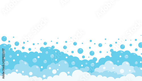 Stylized illustration of blue bubbles and foam rising against a white background