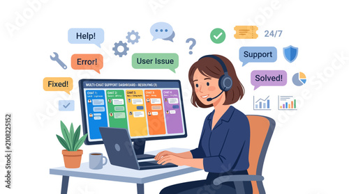 Professional customer service agent working at desk.