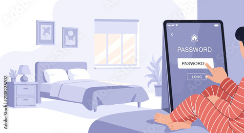 Secure Home Network Access: Person using tablet for password login in bedroom