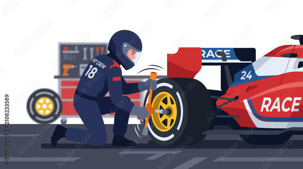 Obraz premium Formula one pit stop mechanic changing race car tire