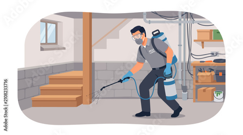 Pest control professional spraying basement for extermination.