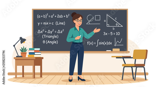 Math teacher presenting geometry formulas on a chalkboard.