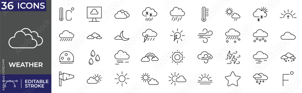Obraz premium Weather Icons Set. Forecast, Rain, Sun, Cloud, Storm, Wind and Climate Outline Icons. Editable Stroke.