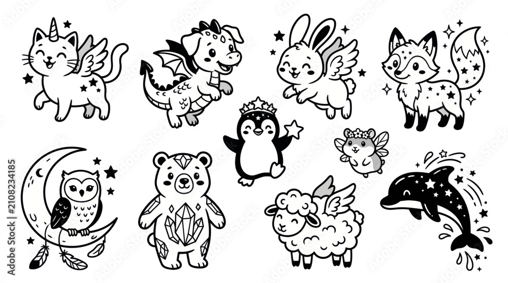 Obraz premium Cute Fantasy Animals And Magical Creatures Line Art Set