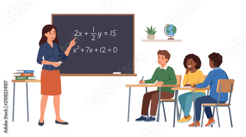 Female teacher explaining algebra to diverse students in classroom.