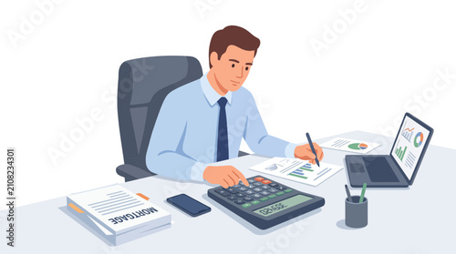 Male accountant calculating mortgage papers at office desk.