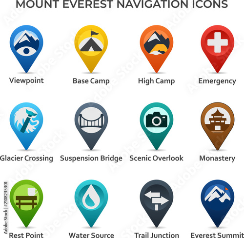 Mount Everest Trek Navigation Marker Icon Set