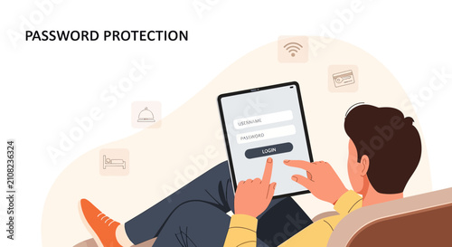 Man using tablet for password protection and online security concept