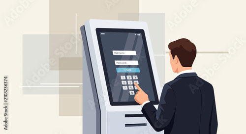 Man using touch screen kiosk for login with password entry, modern technology concept