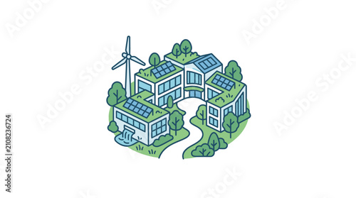 Sustainable building complex with renewable energy sources illustration