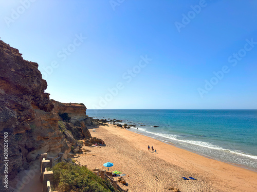 view of the Cala Del Tío Juan Medina from the cliffs between Conil de la Frontera and Roche, Costa de la Luz, Andalusia, Spain