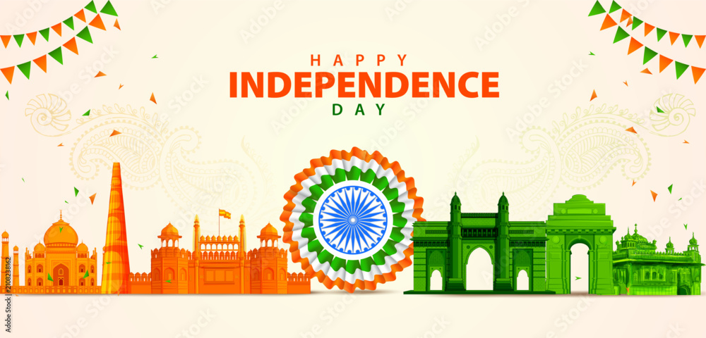 Obraz premium India Independence Day Skyline Banner with Ashoka Chakra Vector