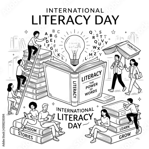 International Literacy Day: People learning, reading books, and gaining knowledge, idea lightbulb