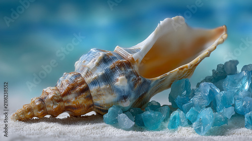 Seashell resting on white beach sand next to scattered blue sea salt crystals with seashell