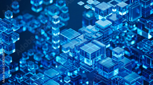 Abstract digital background with blue transparent cubes and geometric shapes creating a futuristic and technological atmosphere in a threedimensional space