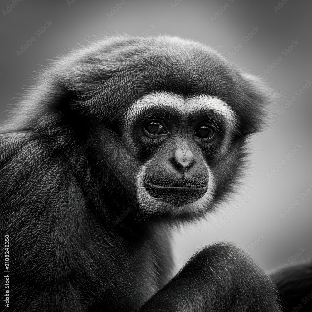 Naklejka premium Close up portrait of a thoughtful gibbon in black and white.