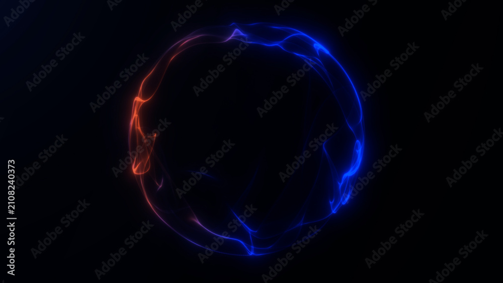Fototapeta premium Dark abstract sphere with red and blue luminous energy lines, perfect for futuristic technology, cyber visuals, data network and digital motion design.