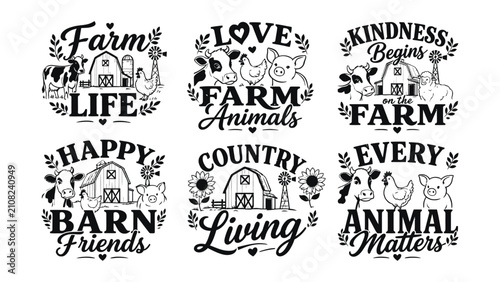 Fotografie Collection of six farmthemed graphic designs with farm animals and buildings