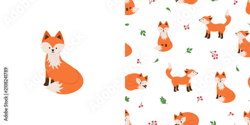 Funny cartoon fox cub and seamless pattern with forest foxes. Vector illustration for the design of children's clothes, bedroom.