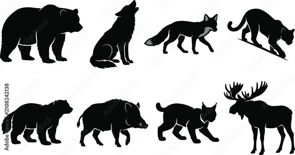 Obraz premium Wild Animal Silhouette Vector Set – Black Wildlife Icons Collection for Nature and Forest Design