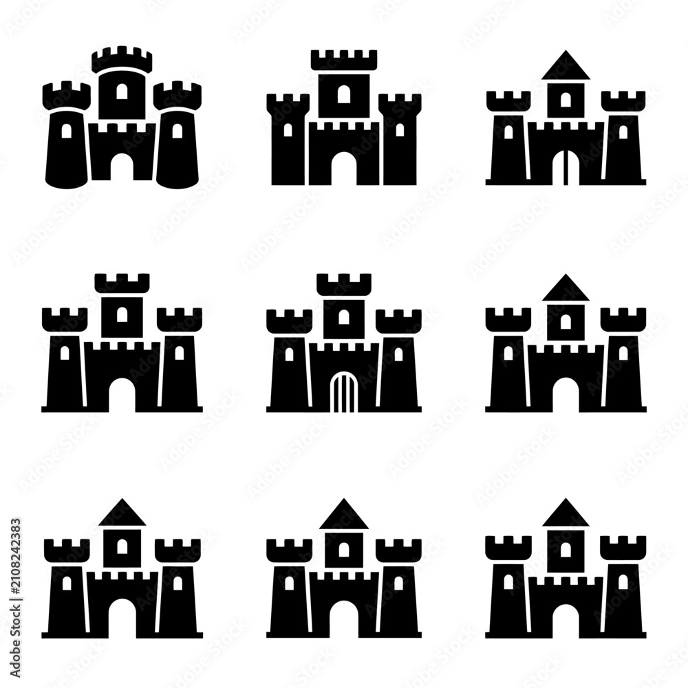 Fototapeta premium Collection of nine castle fortress icons.
