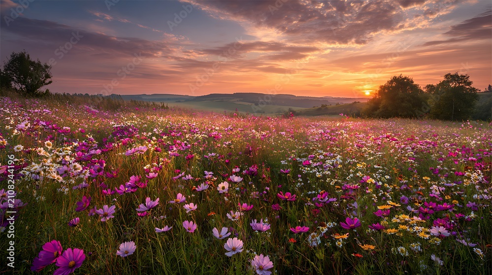 Fototapeta premium Lavender Field at Sunset with Blooming Purple Flowers Under a Dramatic Summer Sky in the Peaceful Rural Countryside Landscape