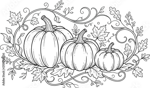 Konstfotografi A beautiful black and white line art illustration featuring three pumpkins surro