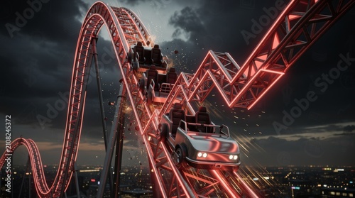 Thrilling Roller Coaster Ride with Dramatic Loops and Bright Neon Lights Against a Dark Sky at Amusement Park