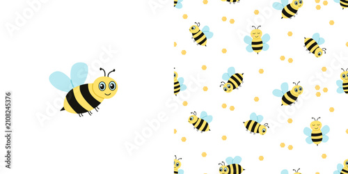 Funny cartoon bee and seamless pattern with flying bees. Vector illustration for the design of children's clothes, bedroom.