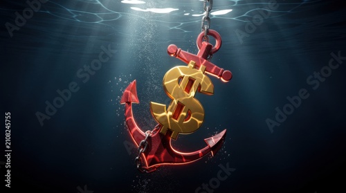 Colorful dollar sign anchor submerged underwater with dramatic lighting effects emphasizing contrast in a serene aquatic environment