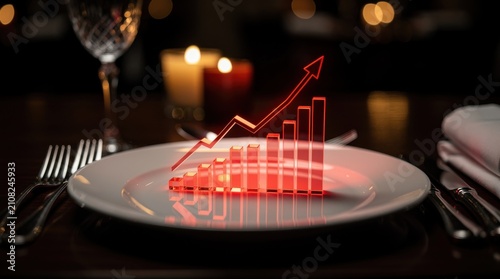 Business Growth Concept in Fine Dining with Rising Graph on Plate Surrounded by Candles and Elegant Table Setting for Restaurant Industry Marketing