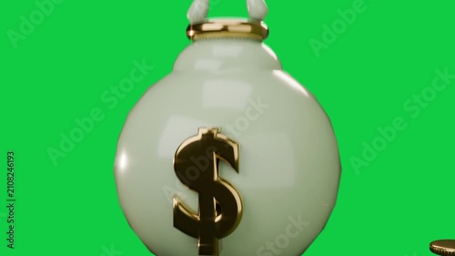 Dollying in green orb coming, rotating highlights shifting, showing dollar sign for branding, alpha