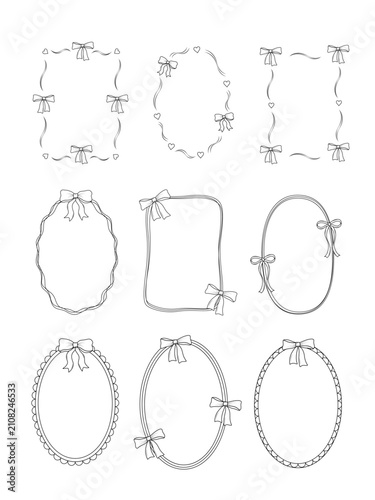 Collection of vintage holiday frames with bows, ribbons and wavy lines. Hand drawn vector illustration. Set frames greeting cards, wedding and birthday party