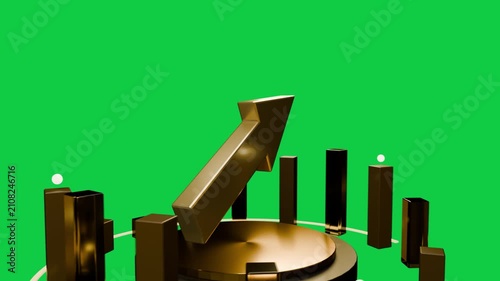Light pulse causing gold arrow rising and tilting while bars emerging, showing trend, transparent