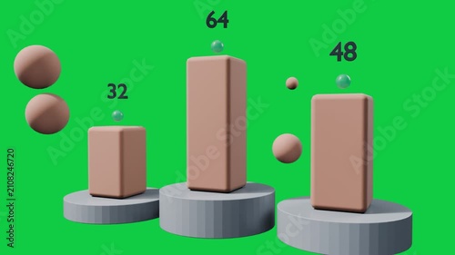 Numeric labels appearing, peach spheres entering left, passing columns, showing values, transparent