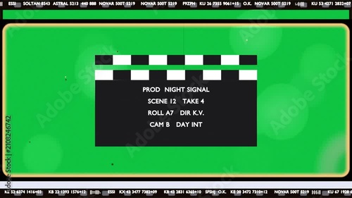 Frame 1 starting, prod slate centering, clapper moving, bokeh pulsing, showing scene on transparent