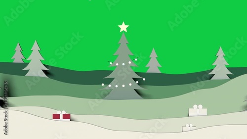 Pale bauble dropping tree decorating star lights gifts sliding snowing forming hills transparent bg